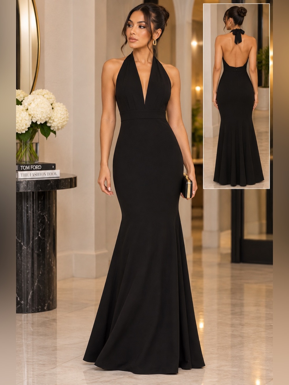 Dress the Population Camden Sleeveless Halter Plunging Gown – Black – Medium